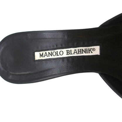 Manolo Blahnik Studded Mules Balu Black Perforated Leather Size 36.5 Kitten Heel