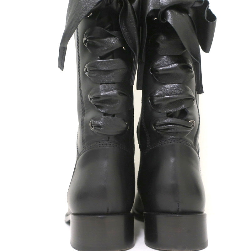 Valentino Ascot Ribbon Lace-Up Riding Boots Black Leather Size 37 Knee High Flat