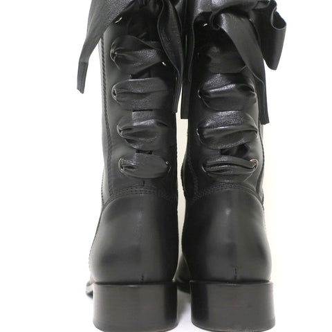 Valentino Ascot Ribbon Lace-Up Riding Boots Black Leather Size 37 Knee High Flat