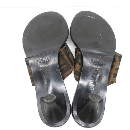 Fendi Zucca Thong Sandals Brown with Black Leather Size 36.5 Kitten Heel Slides