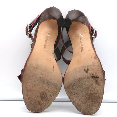 Manolo Blahnik Double Ankle Strap Sandals Dark Brown Leather Size 38.5