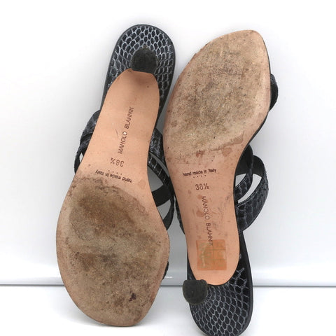 Manolo Blahnik Susa Thong Sandals Black Snakeskin Size 38.5 Kitten Heel Slides