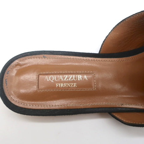 Aquazzura Powder Puff Pom Pom Mules Black Suede Size 38.5 Pointed Toe Flats
