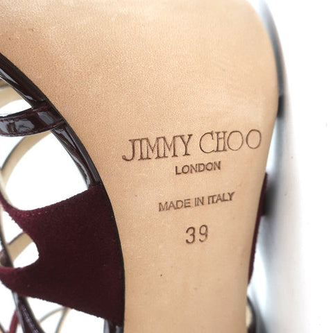 Jimmy Choo Strappy Sandals Burgundy Patent & Suede Size 39 Open Toe Heel NEW