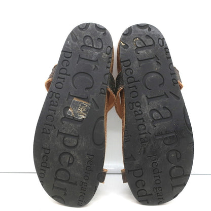 Pedro Garcia Crystal T-Strap Sandals Dark Brown Leather Size 37 Toe Ring Slides