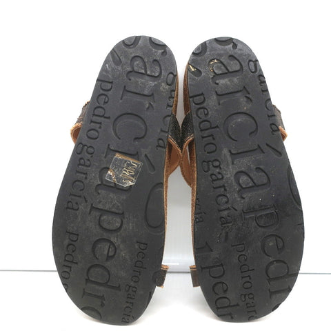 Pedro Garcia Crystal T-Strap Sandals Dark Brown Leather Size 37 Toe Ring Slides