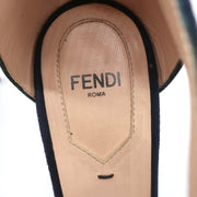 Fendi T-Strap Sandals Navy Suede & Leather Size 37.5 Peep Toe Heels