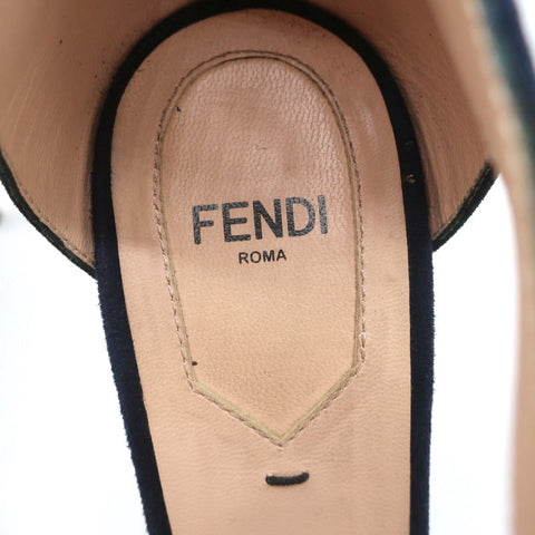 Fendi T-Strap Sandals Navy Suede & Leather Size 37.5 Peep Toe Heels