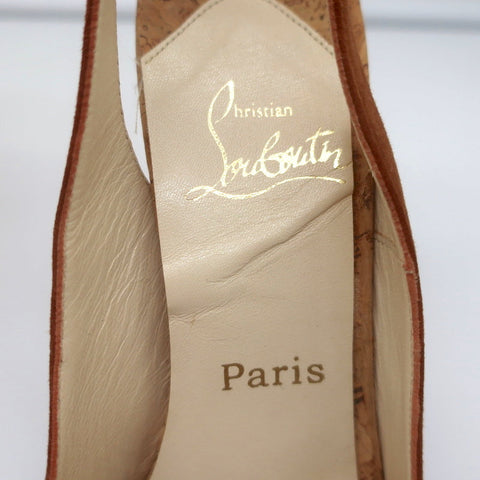 Christian Louboutin No Prive Cork Slingback Sandals Brown Suede Size 41.5