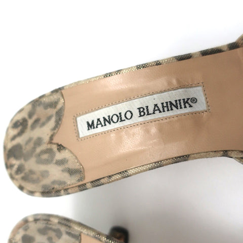Manolo Blahnik Knot Slide Sandals Metallic Leopard Print Size 39.5 Kitten Heel