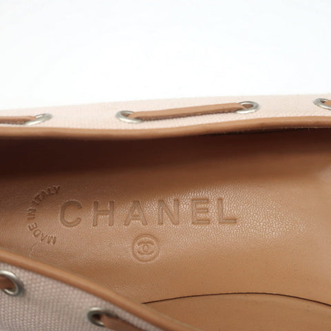 Laced Bow Ballet Flats Very Light Pink Canvas & Tan Leather Size 39.5