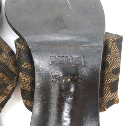 Fendi Zucca Thong Sandals Brown with Black Leather Size 36.5 Kitten Heel Slides