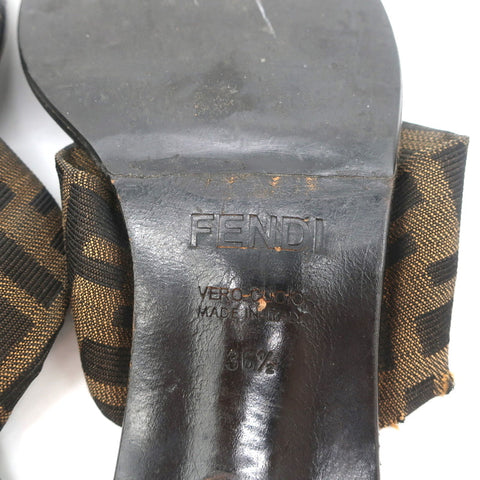 Fendi Zucca Thong Sandals Brown with Black Leather Size 36.5 Kitten Heel Slides
