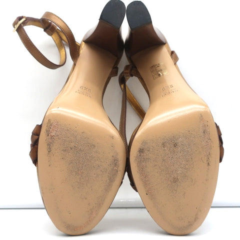 Gucci Braided Platform Sandals Bronze Metallic Leather Size 9.5 Ankle Strap Heel
