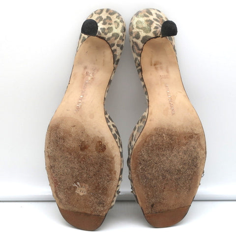 Manolo Blahnik Knot Slide Sandals Metallic Leopard Print Size 39.5 Kitten Heel