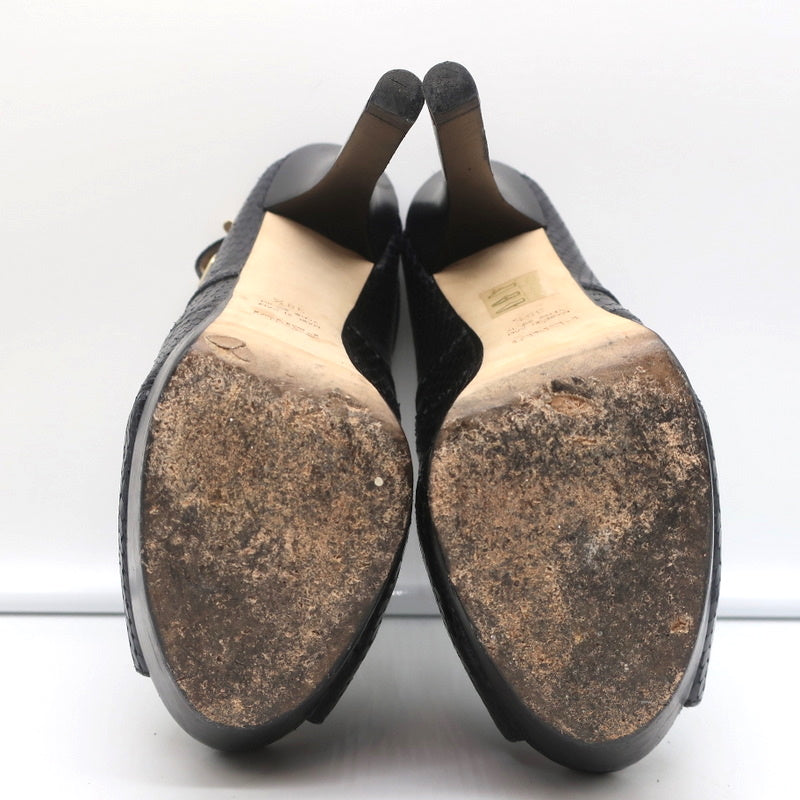 Fendi Platform Peep Toe Sandals Black Snakeskin Size 38.5 Slingback Heels