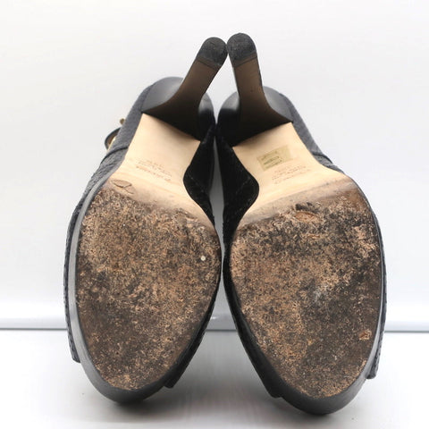 Fendi Platform Peep Toe Sandals Black Snakeskin Size 38.5 Slingback Heels