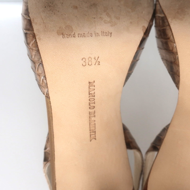 Manolo Blahnik Carolyne Slingback Pumps Brown Snakeskin Size 38.5 Pointed Toe