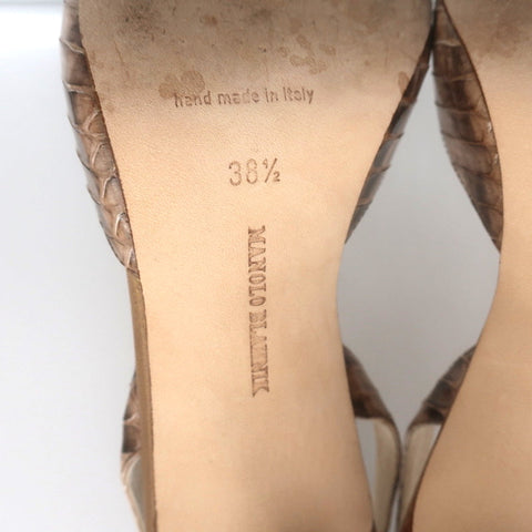 Manolo Blahnik Carolyne Slingback Pumps Brown Snakeskin Size 38.5 Pointed Toe
