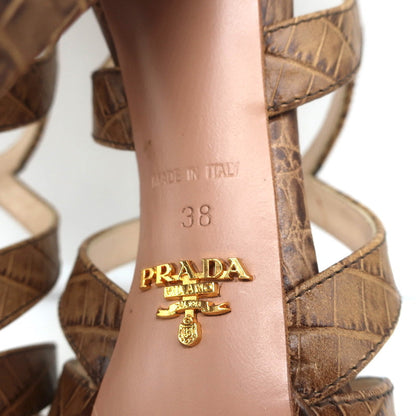 Prada Platform Sandals Brown Croc-Embossed Leather Size 38 Slingback Heels