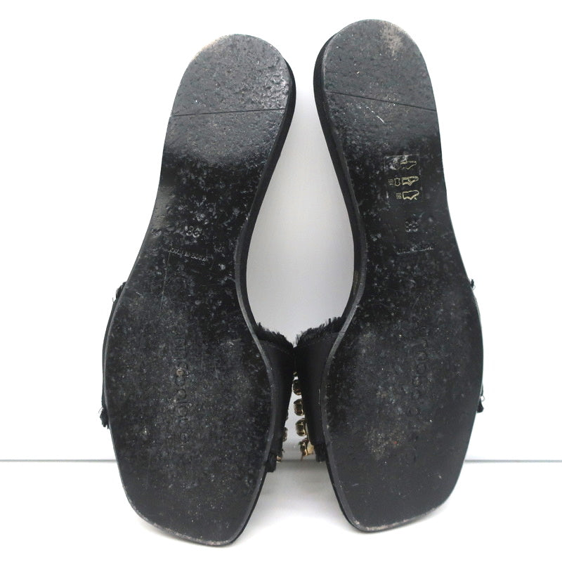 Anna Baiguera Crystal Fringe Slide Sandals Black Satin Size 38 Flat Mules