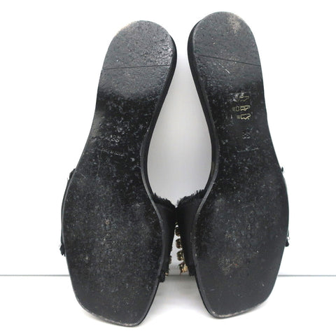 Anna Baiguera Crystal Fringe Slide Sandals Black Satin Size 38 Flat Mules