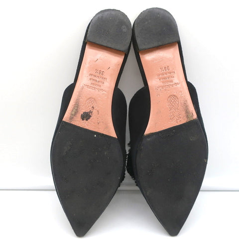 Aquazzura Powder Puff Pom Pom Mules Black Suede Size 38.5 Pointed Toe Flats