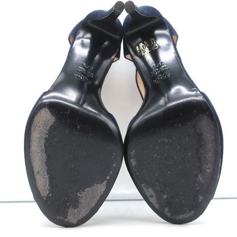 Fendi T-Strap Sandals Navy Suede & Leather Size 37.5 Peep Toe Heels