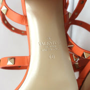 Valentino Rockstud Ankle Strap Sandals Orange Leather Size 40 Open Toe Heels NEW