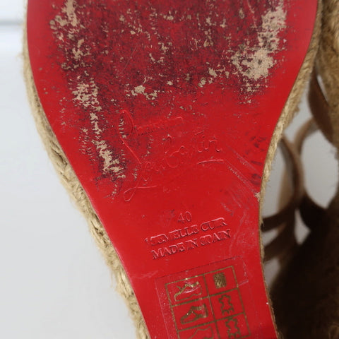 Christian Louboutin Delfin 120 Platform Espadrille Wedges Brown Ribbon Size 40