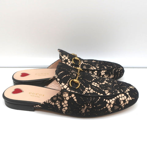 Gucci Princetown Horsebit Loafer Mules Black Lace Size 39
