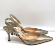 Manolo Blahnik Carolyne Slingback Pumps Gold Metallic Leather Size 38.5