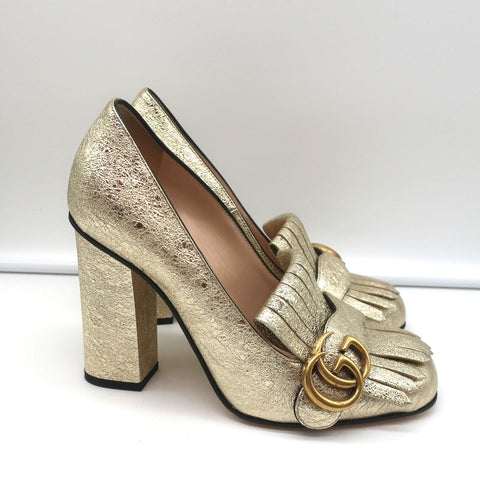 Gucci GG Marmont Fringed Pumps Gold Metallic Cracked Leather Size 36.5