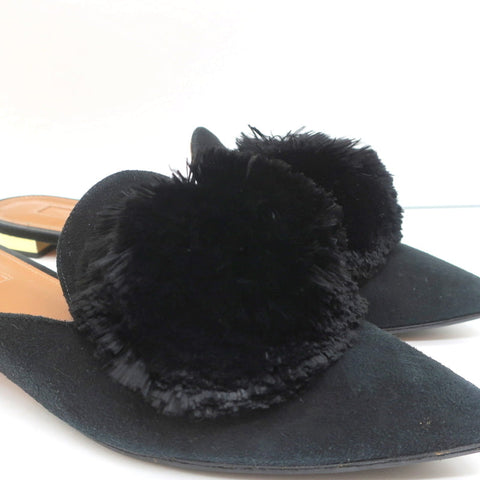 Aquazzura Powder Puff Pom Pom Mules Black Suede Size 38.5 Pointed Toe Flats