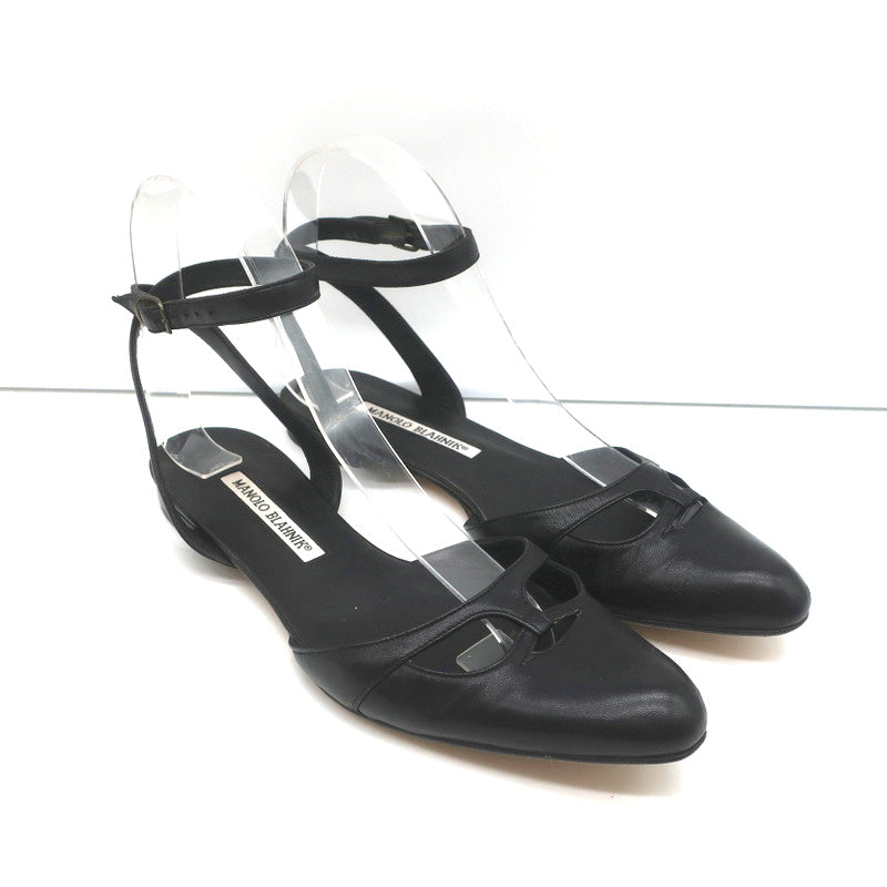 Manolo Blahnik Ankle Strap Flats Belfaba Black Cutout Leather Size 36.5
