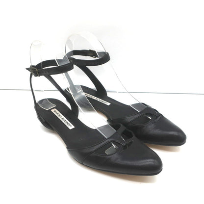 Manolo Blahnik Ankle Strap Flats Belfaba Black Cutout Leather Size 36.5