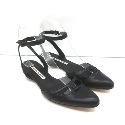 Manolo Blahnik Ankle Strap Flats Belfaba Black Cutout Leather Size 36.5