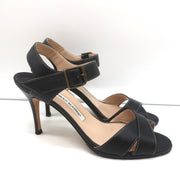 Manolo Blahnik Crisscross Sandals Black Leather Size 39 Ankle Strap Heels