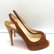 Christian Louboutin No Prive Cork Slingback Sandals Brown Suede Size 41.5