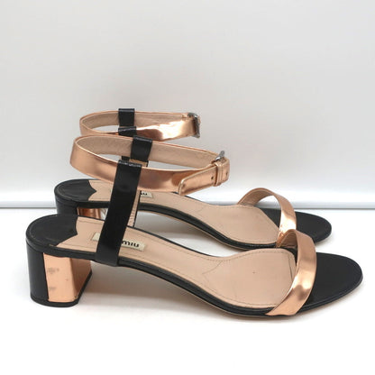 Miu Miu Bicolor Ankle Strap Sandals Metallic Rose Gold & Black Patent Size 41