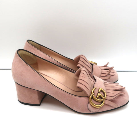 Gucci Marmont Mid-Heel Pumps Light Pink Fringed Suede Size 38