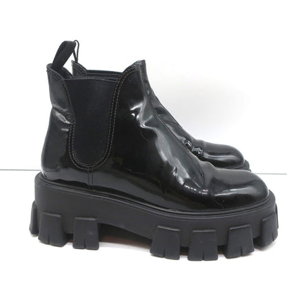 Prada Monolith Chelsea Boots Black Patent Leather Size 36