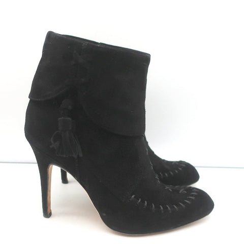 Manolo Blahnik Tassel Ankle Boots Black Suede Size 37 High Heel Booties