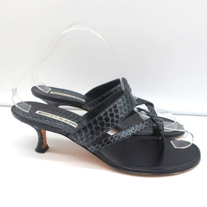 Manolo Blahnik Susa Thong Sandals Black Snakeskin Size 38.5 Kitten Heel Slides
