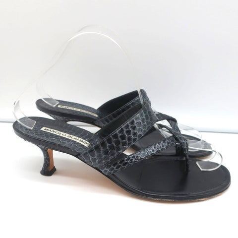 Manolo Blahnik Susa Thong Sandals Black Snakeskin Size 38.5 Kitten Heel Slides