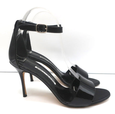 Manolo Blahnik Tres Ankle Strap Sandals Black Patent Leather Size 39