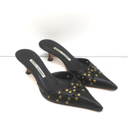 Manolo Blahnik Studded Mules Balu Black Perforated Leather Size 36.5 Kitten Heel