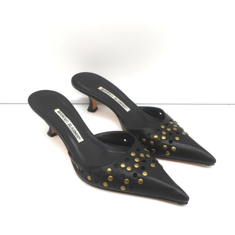 Manolo Blahnik Studded Mules Balu Black Perforated Leather Size 36.5 Kitten Heel
