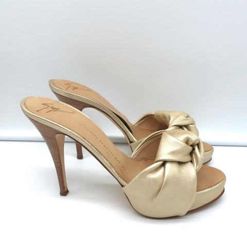 Giuseppe Zanotti Knotted Platform Mule Sandals Gold Metallic Leather Size 38.5