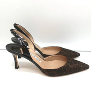 Manolo Blahnik Carolyne Slingback Pumps Leopard Jacquard & Patent Size 38.5